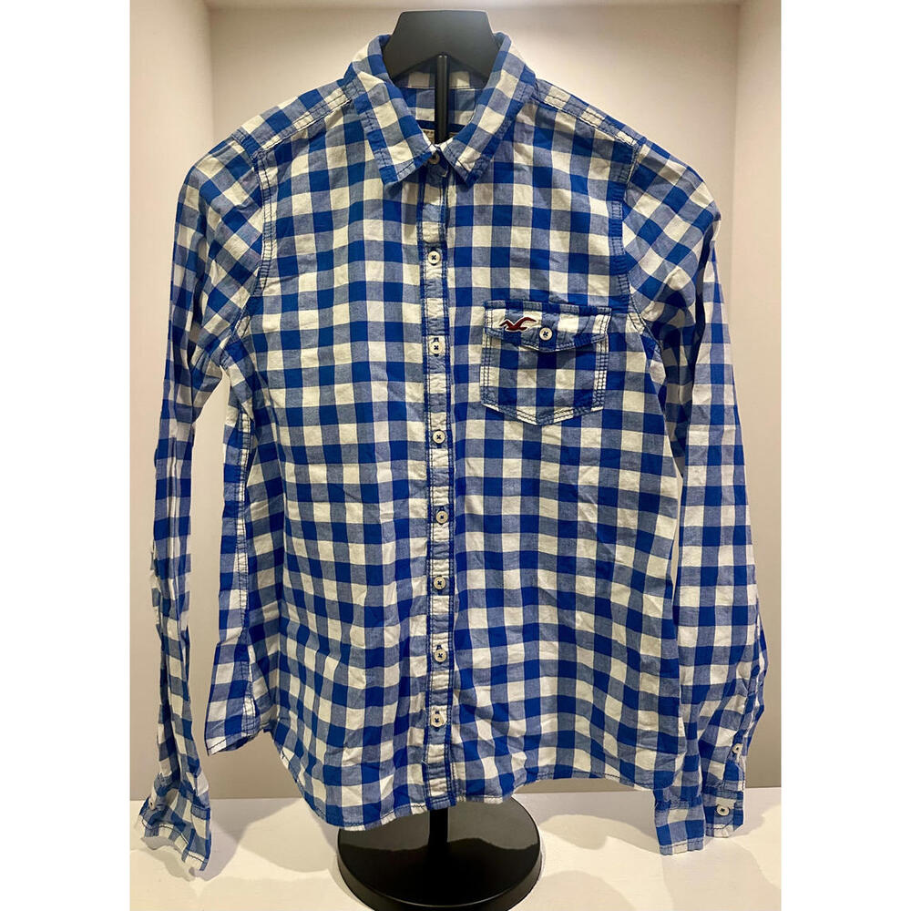 Hollister Women's Large Blue and White Checkered Shirt